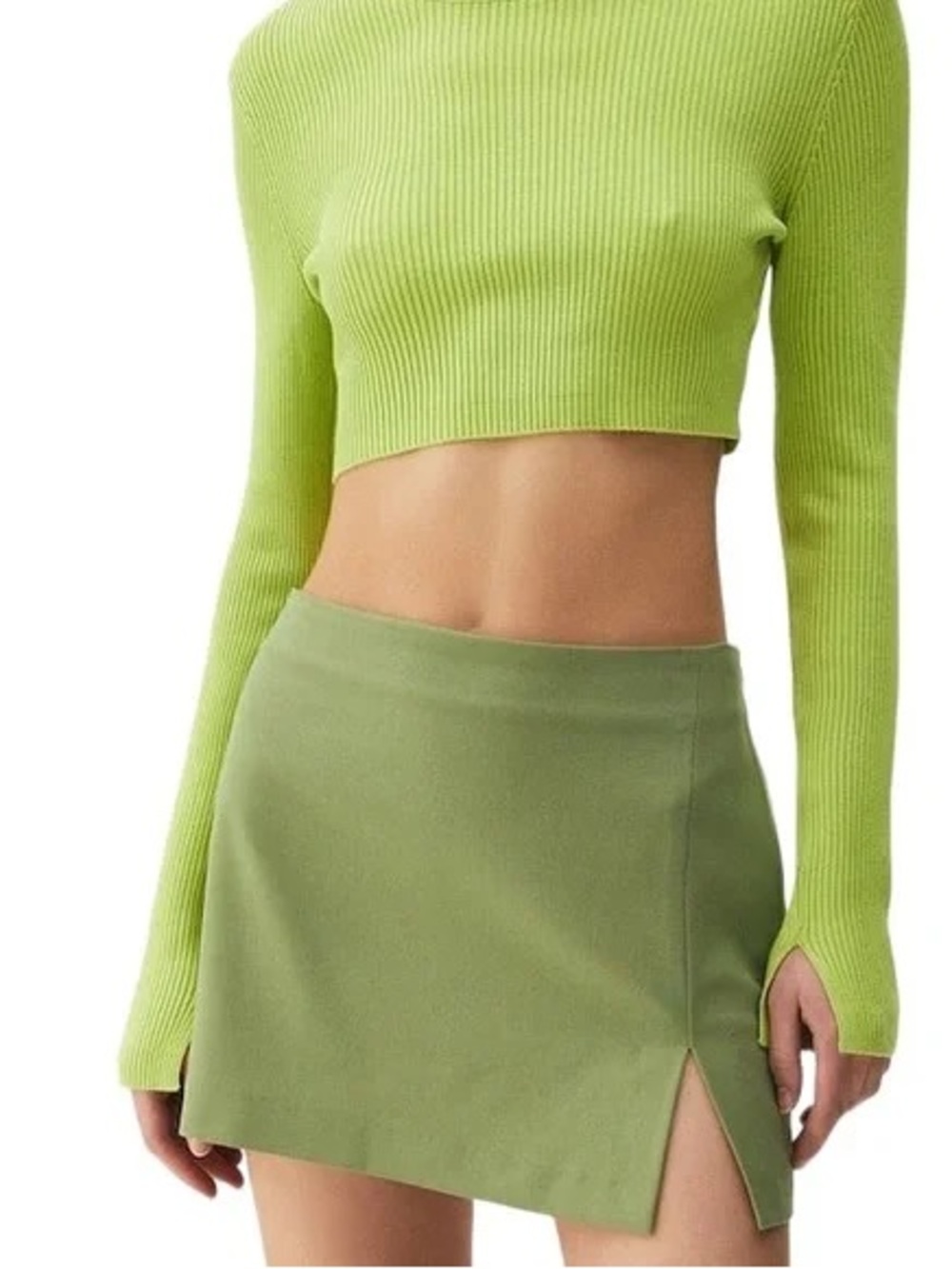 Pull & Bear Green Mid-Rise Mini Skirt with Side Slit Size S